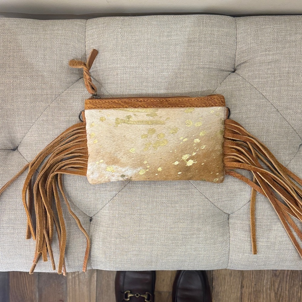Natural leather Fringed Tan and Gold cowhide Women's Clutch